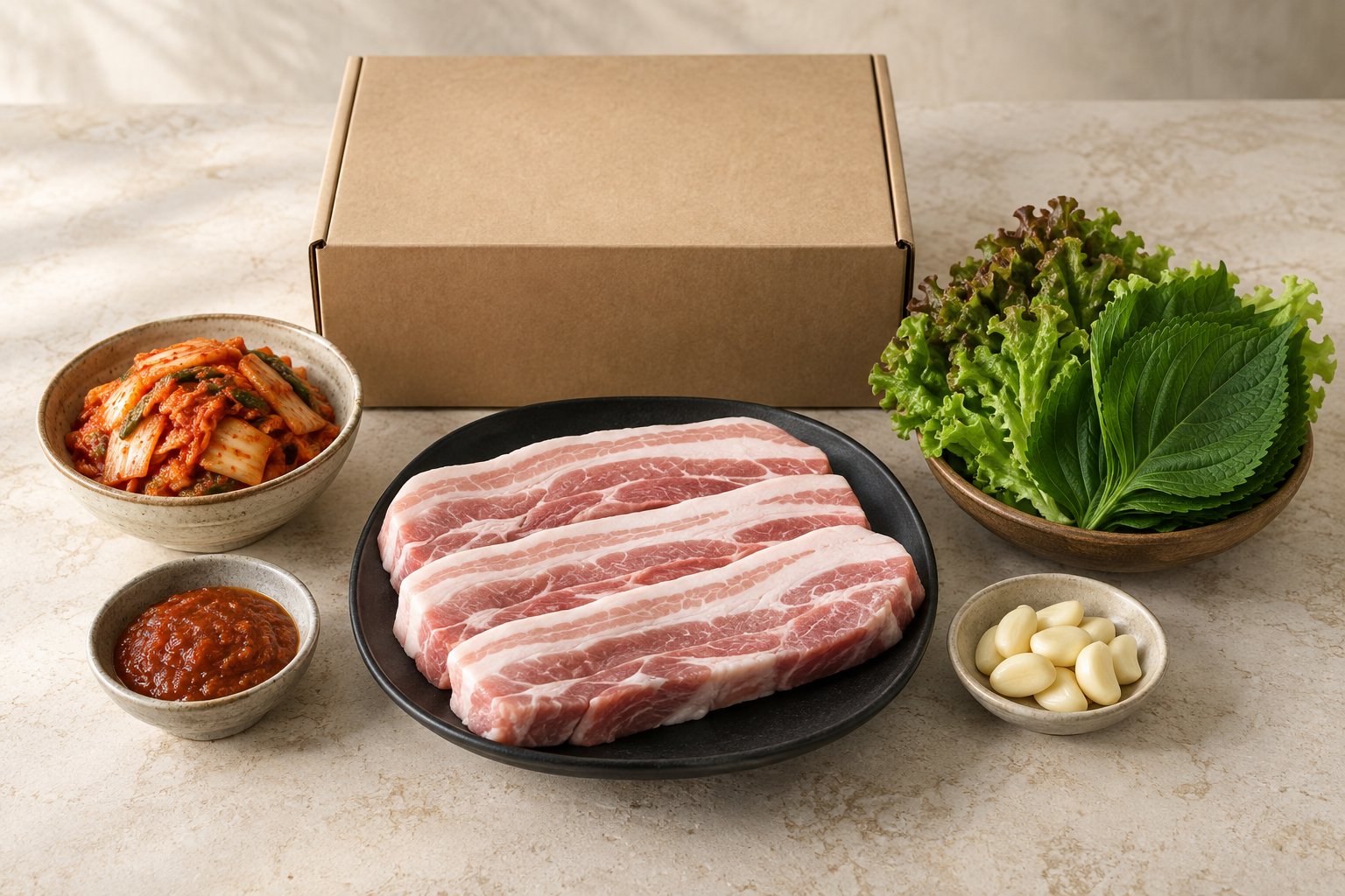 삼겹살, 쌈채소, 소스가 담긴 밀키트 구성 제안