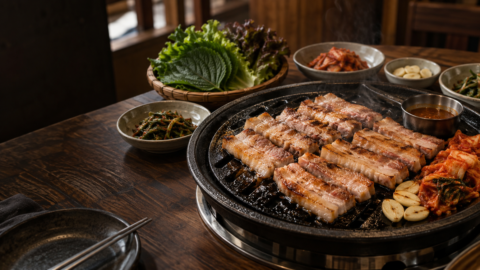 삼겹살과 쌈채소를 차린 한 상